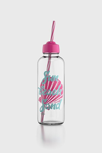 Renga Felix Sun Beach Patterned 450 ml Glass Bottle with Straw 182055 Pink