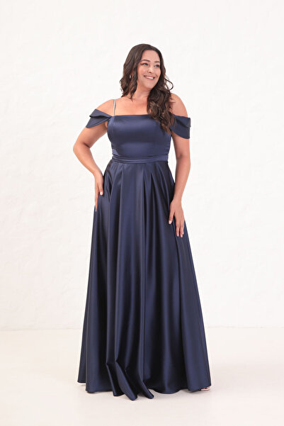 Lafaba Women's Navy Blue Stone Strap Plus Size Long Evening Dress