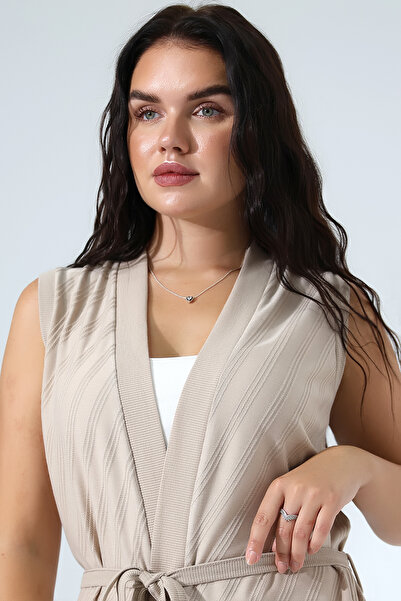 Şiir Moss Relaxed Fit Soft Textured Stretchy Combed Cotton Long Women's Vest & Cardigan - Mink