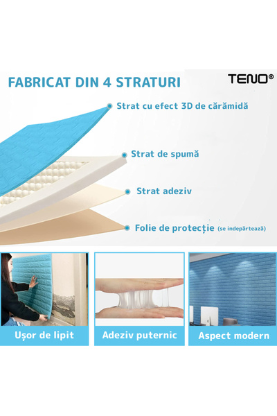 Teno Set Tapet Caramida 3D Teno52, suprafata acoperire 5.3 mp, autoadeziv, 70x77 cm, albastru