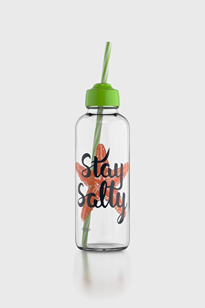 Renga Felix Stay Salty Patterned 450 ml Glass Bottle with Straw 182055 Green