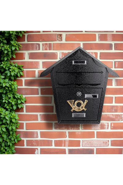SERSIMO Elegant black metal mailbox, classic design with gold emblem, weatherproof, 38x38x10cm