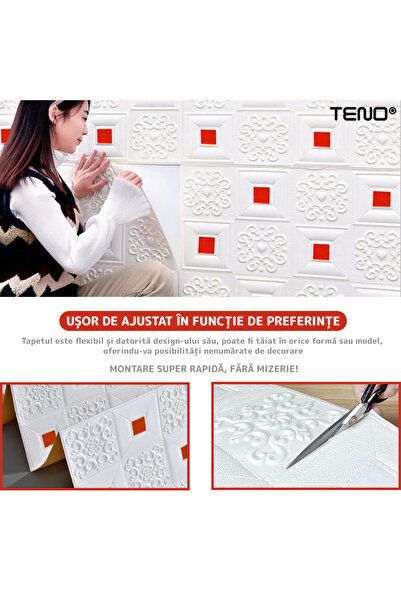 Teno Set Tapet 3D Teno61, suprafata acoperire 4.9 mp, autoadeziv, perete/tavan, 70x70 cm, rosu
