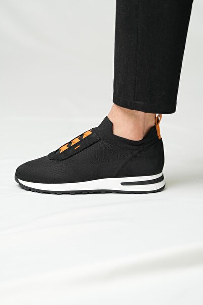 TETRİ Elly Model Genuine Leather Handmade Black Orange Knitwear Sneaker Shoes