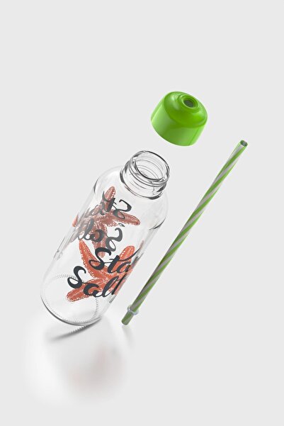 Renga Felix Stay Salty Patterned 450 ml Glass Bottle with Straw 182055 Green