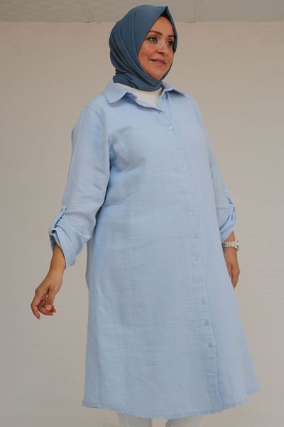 Eslina 48058 Large Size Buttoned Muslin Shirt - Ice Blue