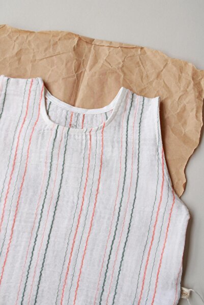 Oh La La Koala For Little Ones Turuncu-Yeşil Çizgili Müslin Atlet