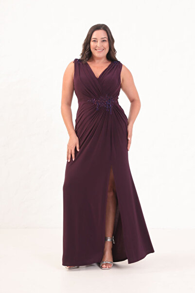 Lafaba Women's Plum V-Neck Shoulder Stone Detail Plus Size Long Evening Dress