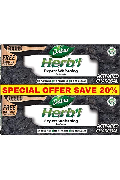 Dabur Herbal Charcoal Toothpaste 2x150g + Bamboo Brush | Whitening, Stain Removal & Healthy Gums