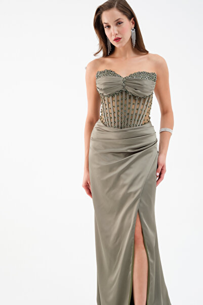 Lafaba Γυναικείο Χακί Στράπλες Μακρύ Σατέν Βραδινό Φόρεμα με Χάντρες