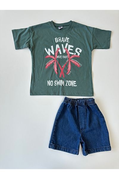 Krms Sport Palm Patterned Boy's Denim Shorts Double Set