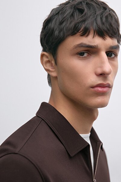 Massimo Dutti Uzun kollu fermuarlı polo yaka t-shirt