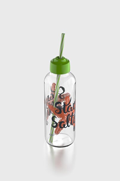 Renga Felix Stay Salty Patterned 450 ml Glass Bottle with Straw 182055 Green