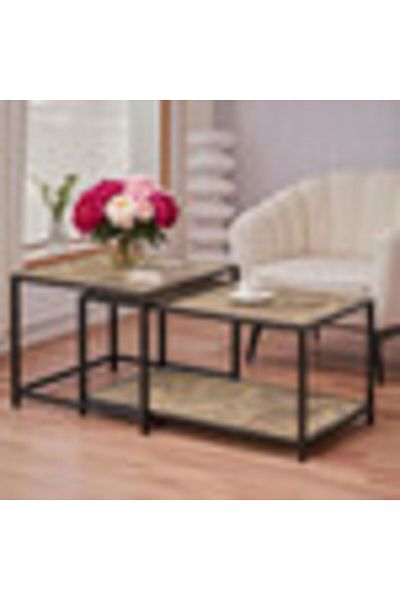 Türkiye 2 Piece Coffee Table Rustic Farmhouse Square Wood Side End Table Living Room