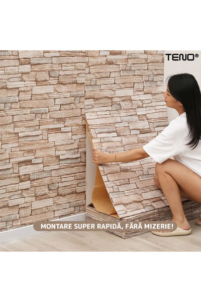 Teno Set Tapet Caramida 3D Teno79, Model Piatra Naturala, acoperire 5.3 mp, autoadeziv, 70x77 cm, crem