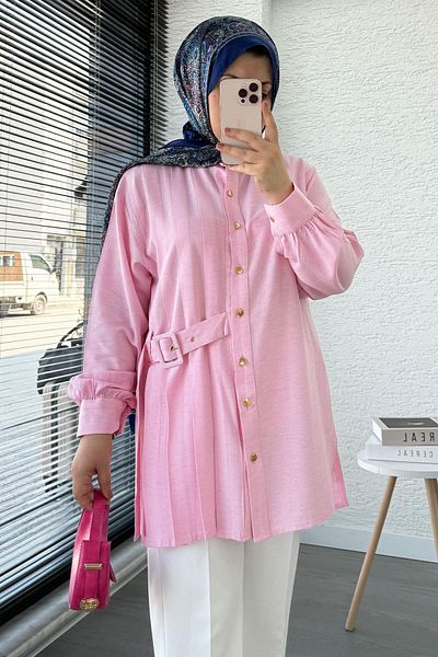 MELEK ARAZ Side Belted Pleat Detailed Linen Tunic – Pink