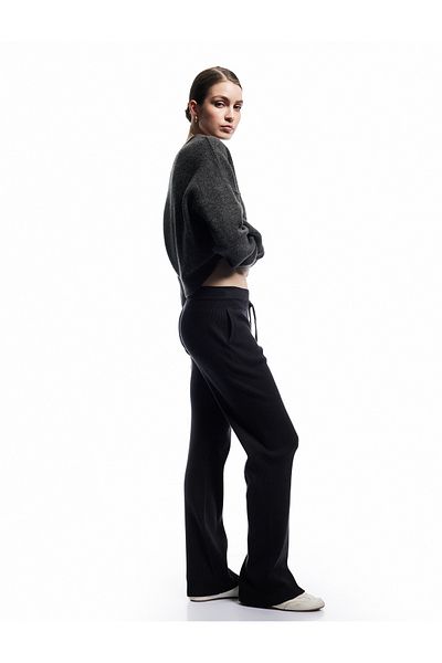 Koton High Waist Straight Wide Leg Knitwear Trousers with Lace-Up Pockets at the Waist