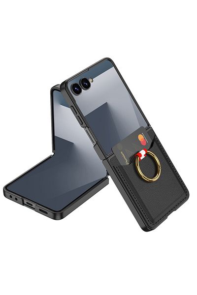 HTstore غطاء متوافق مع Galaxy Z Flip 7 Zore Kıpta مع حلقة وحامل بطاقات - أسود