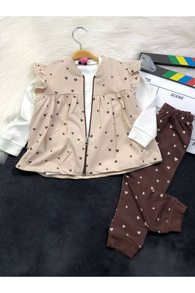 KGN GİYİM Baby Girl Bottom Top 3-Piece Vest Track Suit Set