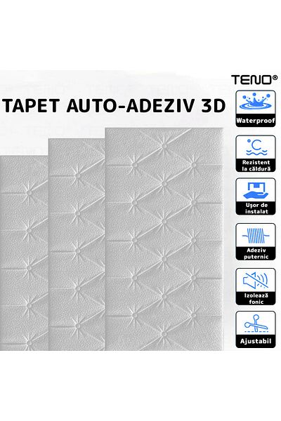 Teno Set Tapet 3D, acoperire 2.45 mp, autoadeziv, waterproof, design modern, usor de montat, 70x35cm, alb