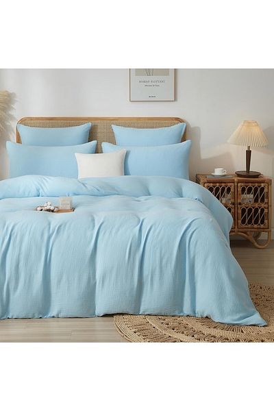 Luofanfei Muslin cotton bed linen, set with double duvet cover 260x240, 2 pillowcases 65x65, light blue