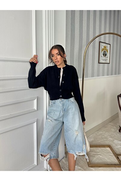 Lorenzo Kadın Lacivert Düğmeli Örgü Hırka