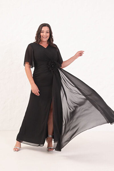 Lafaba Women's Black Floral Detail Plus Size Long Evening Dress