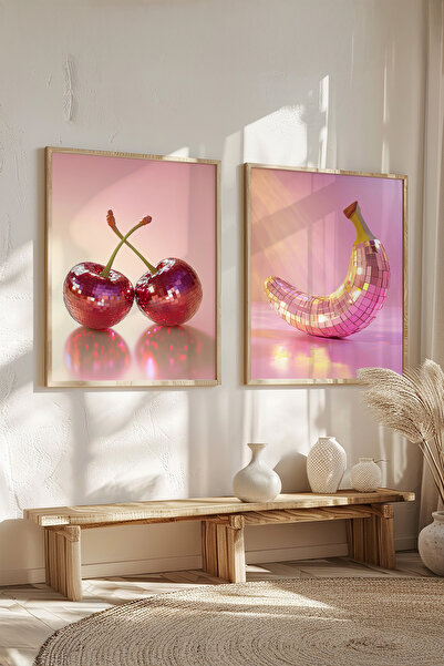 STARYUNA Ahşap Çerçeveli Disco Temalı Muz ve Çilek Tasarımlı İkili Tablo Seti...
