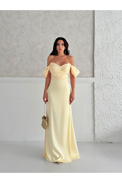 Serica Moda Sarı Büzgülü Düşük Kol Saten Abiye Elbise