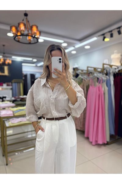 LİSAA BUTİK Off Shoulder Standard Size Brown Striped Shirt