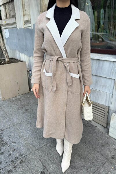 NEW LAVİVA Beige Double-Sided Double-Breasted Collar, Belted, Soft Texture, Double Stamp Long Jacket
