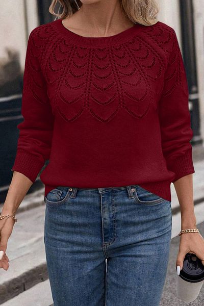 AQE FASHION Women's Openwork Patterned Crew Neck Casual Long Sleeve Knitwear Sweater Burgundy