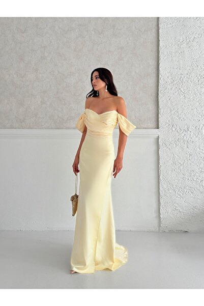 Serica Moda Sarı Büzgülü Düşük Kol Saten Abiye Elbise