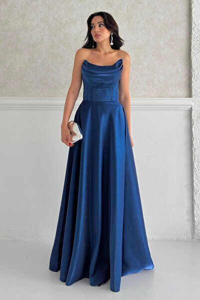 Serica Moda Rochie de seara din satin fara bretele brodata cu piatra albastru