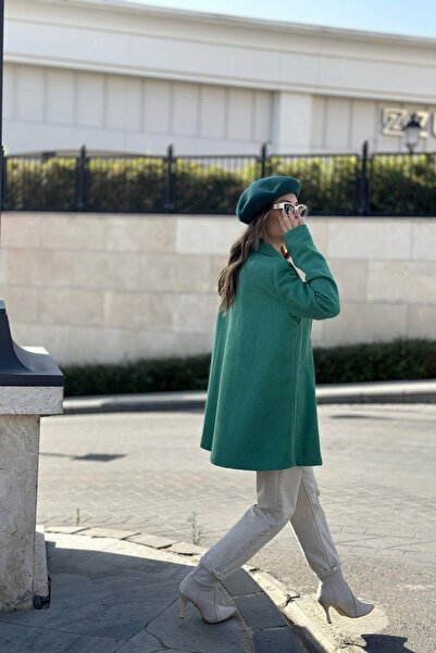 NEW LAVİVA Women's Green Lined, Double Breasted Jacket Collar, Single Button, Comfortable Fit, Ribbed Stamp Fabric Coat