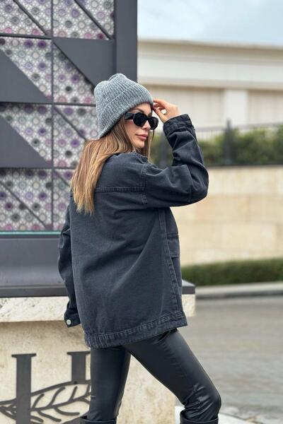 NEW LAVİVA Дамско черно яке с широк джоб, качествен дънков плат, ежедневен деним