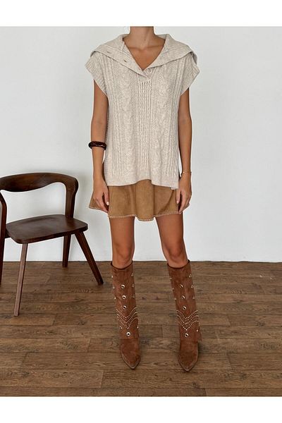 fujya Wide Collar Knitted Louis Sweater Stone