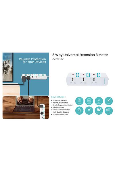 Aztech 3 Way 3M 3250W Power Extension Cord ECAS Cert 3 Universal Outlets Electrical Strip Cable UK
