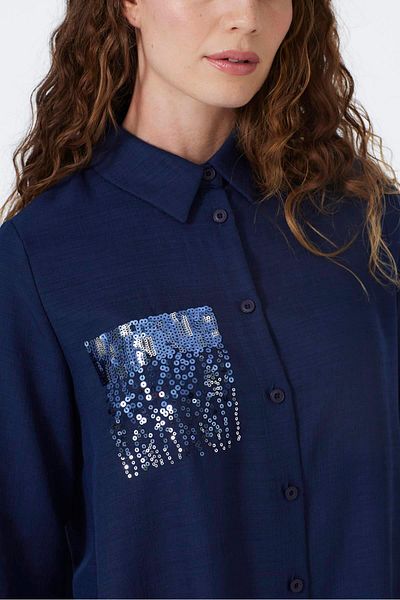 Zühre Sequin Detailed Navy Blue Shirt G-0101