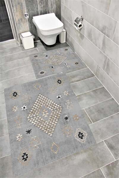 Bordo Halı مجموعة سجادة حمام مطبوعة رقمية مقاومة للماء مع قاعدة مضادة للانزلا...