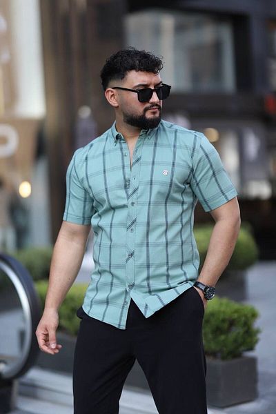 Klothy Men's Washed Short Sleeve Checkered Shirt 2462-1