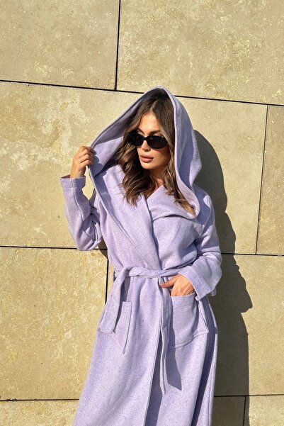 NEW LAVİVA Guler dublu liliac pentru femei, cu glugă, buzunar dublu, centură în talie, haină lungă cu ștampilă (UNLASTED)
