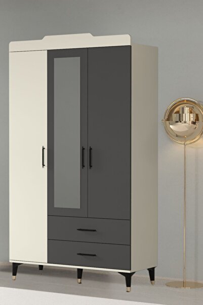 Rudu Arden 3 Kapaklı 2 Çekmeceli Aynalı Ayaklı Giyisi Eşya Dolabı Gardırop