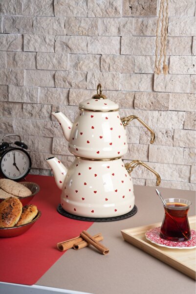 LADY CHEF Kalp Desenli Emaye Çaydanlık Takımı