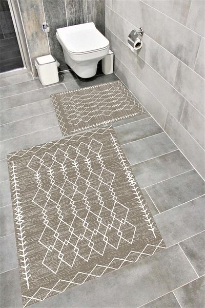 Bordo Halı Water Resistant Digital Printed Bath Mat Set with Non-Slip Base |   Burgundy Carpet 1661
