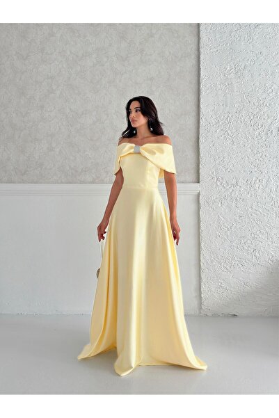 Serica Moda Sarı Önü Taşlı Fiyonk Detaylı Abiye