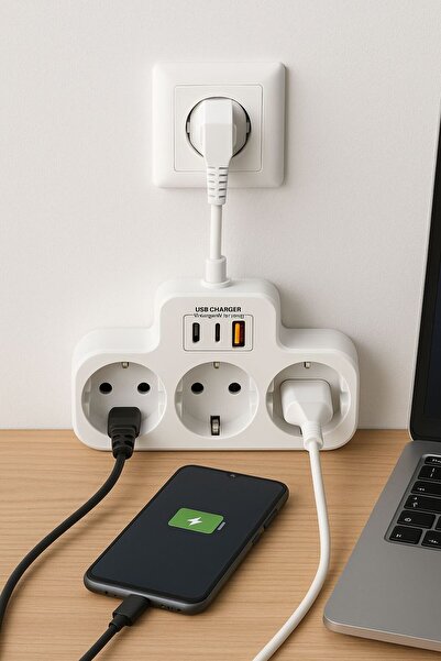 asua Çoklu Kablolu Priz Yüksek Gerilim Korumalı 3'LÜ Priz 1X USB 2X Type-C Çıkışlı Grup Priz Çoğaltıcı