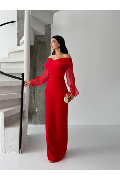 Serica Moda Red Chiffon Sleeve Detail Off Shoulder Mermaid Evening Dress