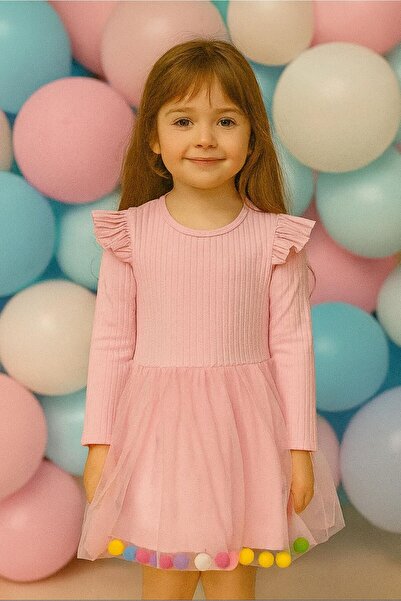 renkli diyar Girl's dress with pompom details tulle for school, kindergarten, primary school, preschool