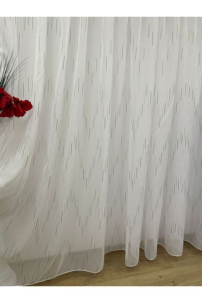 Liz Line White curtain, mechanically embroidered, with drapery, white/green, "Game of lines" by Liz Line PD054